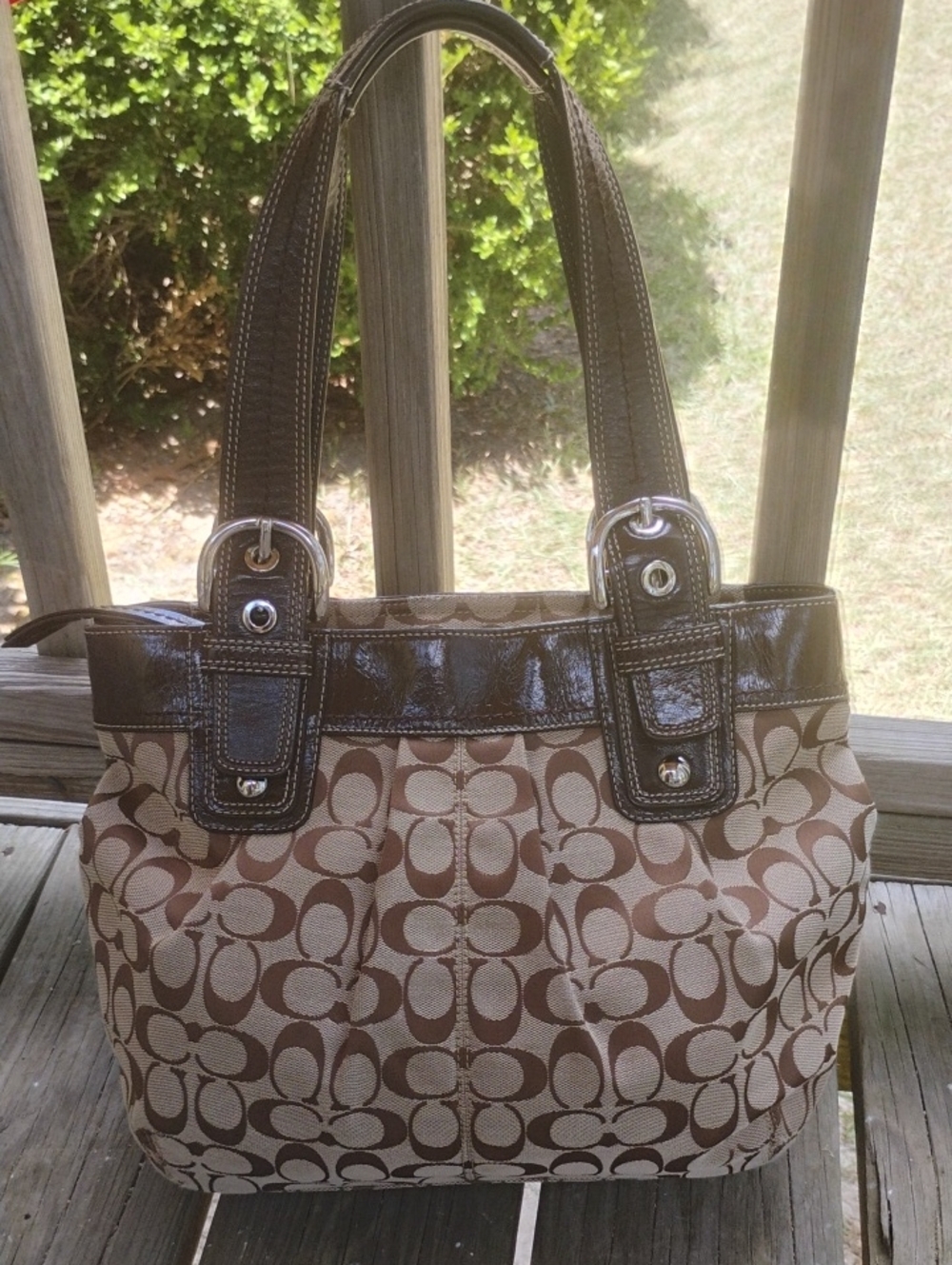 Coach Brown Signature Shoulder Bag with Dark Brown Trim